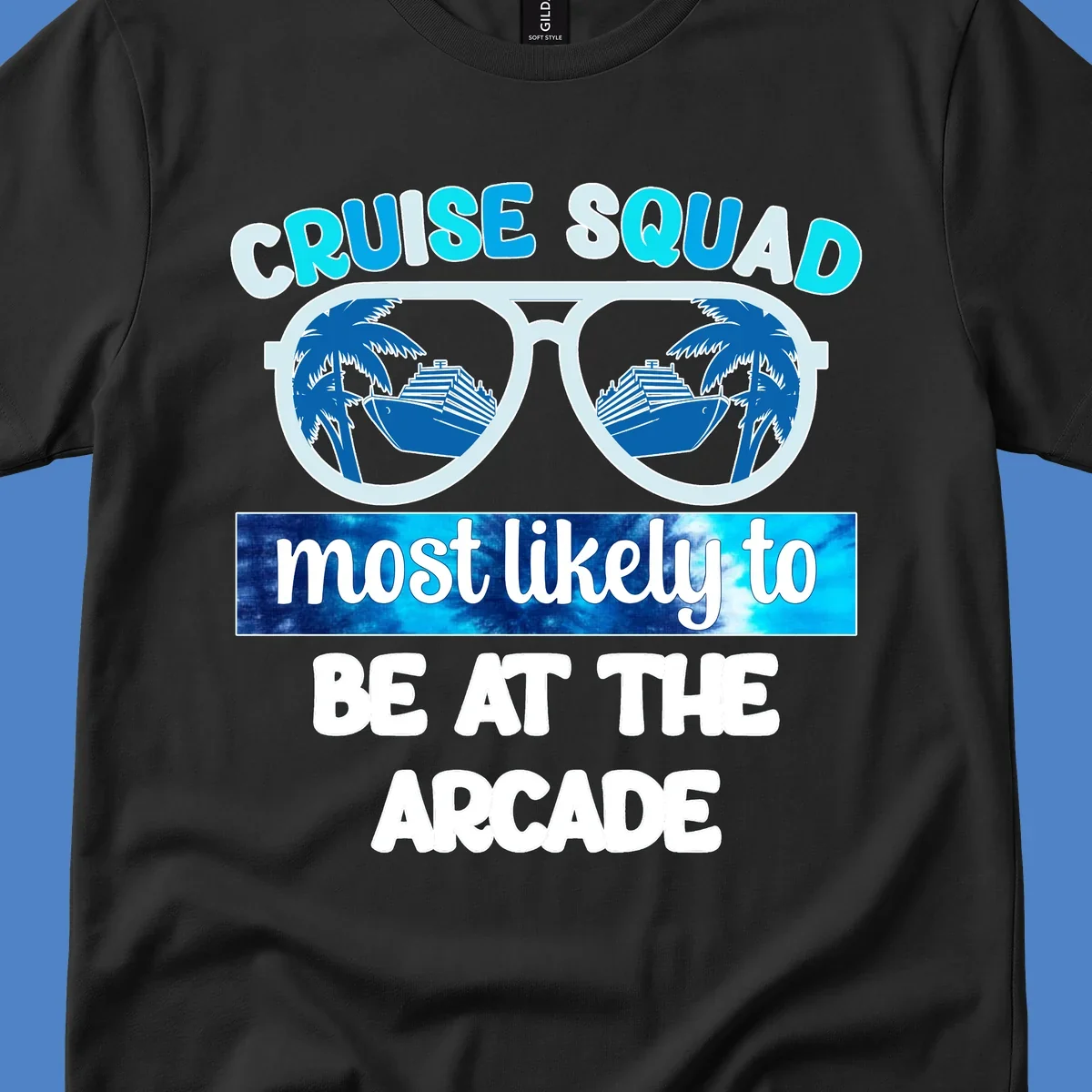 Cruise squad arcade design with sunglasses showing palm trees and ship reflections, retro text