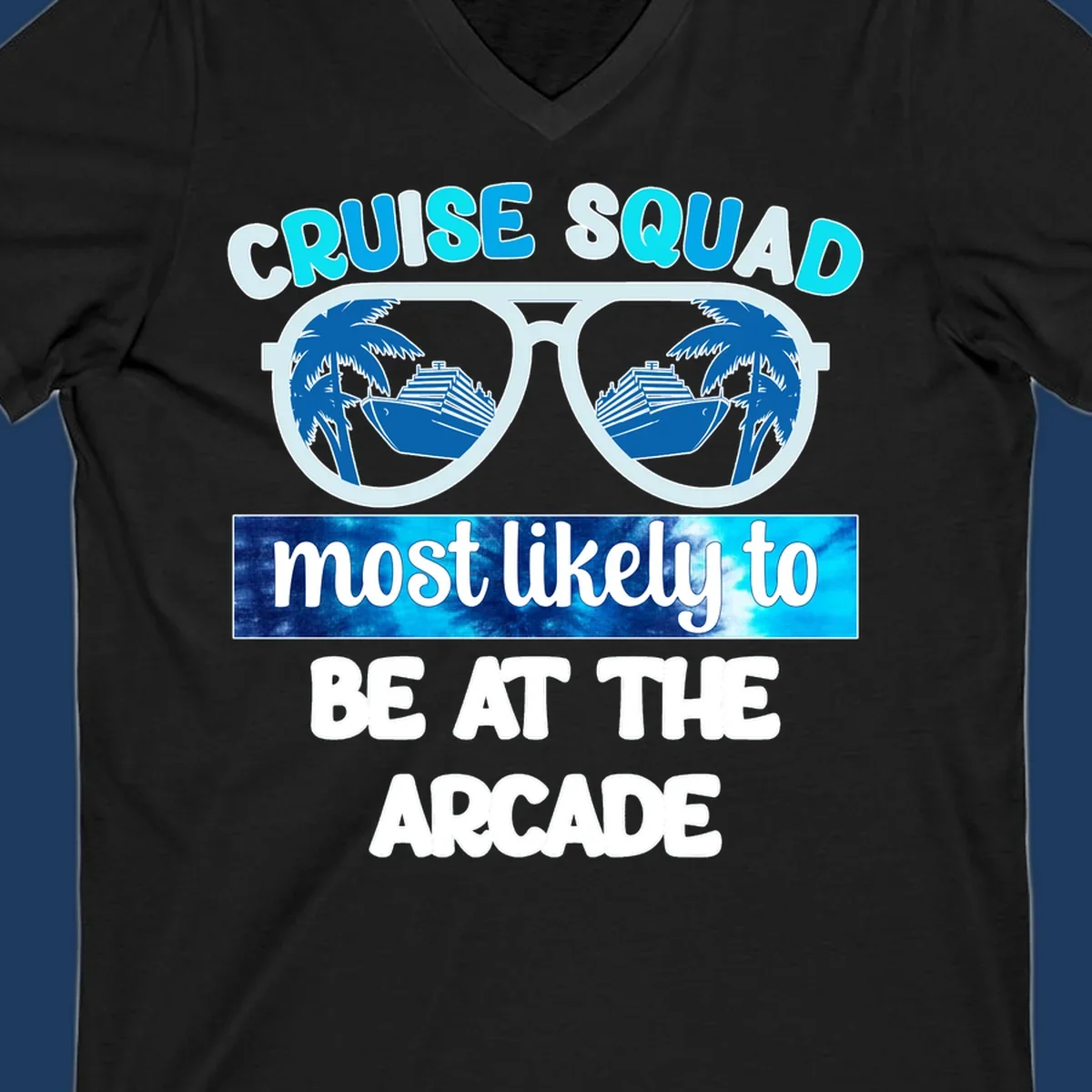 Cruise squad arcade design with sunglasses showing palm trees and ship reflections, retro text