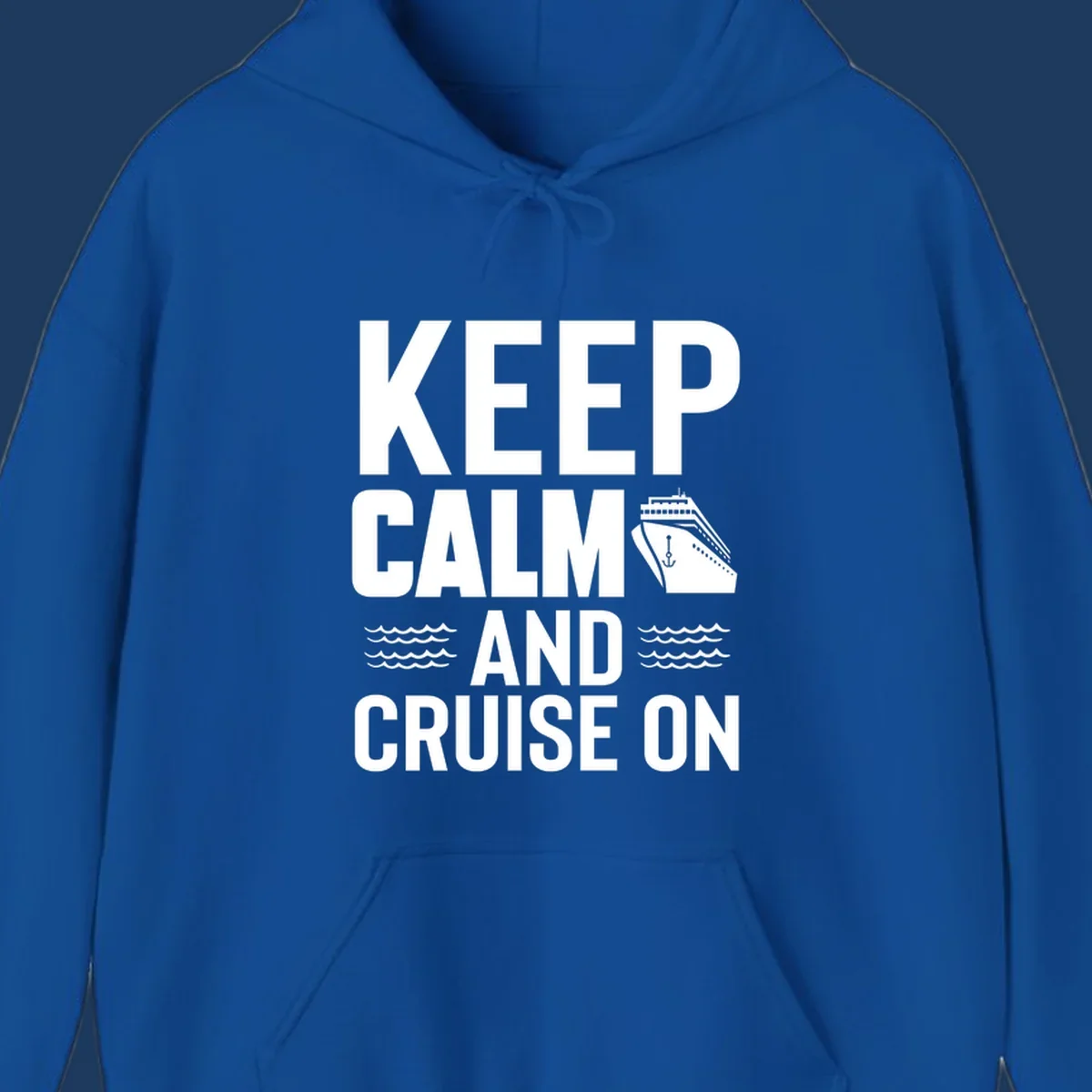 Keep calm and cruise on design with cruise ship, anchor, and ocean waves on gray background