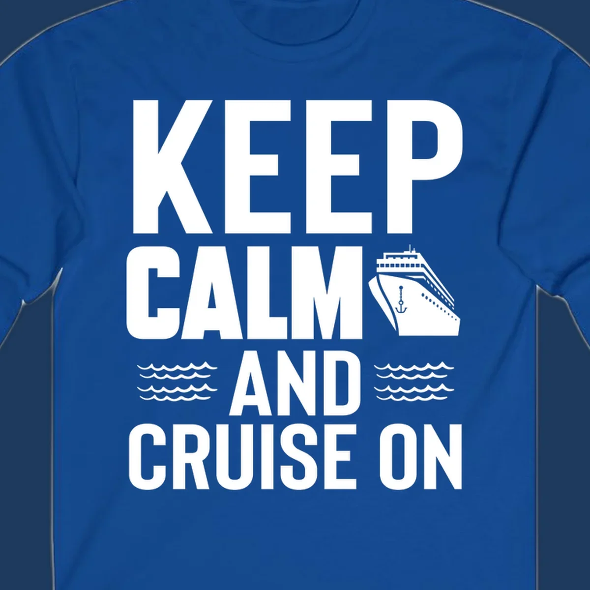 Keep calm and cruise on design with cruise ship, anchor, and ocean waves on gray background