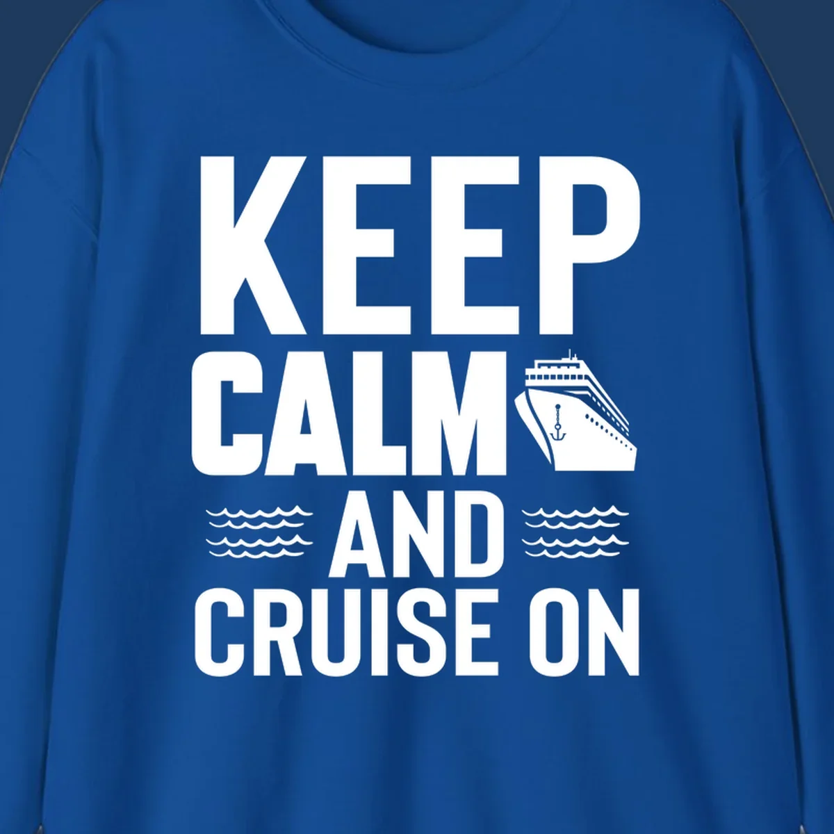 Keep calm and cruise on design with cruise ship, anchor, and ocean waves on gray background