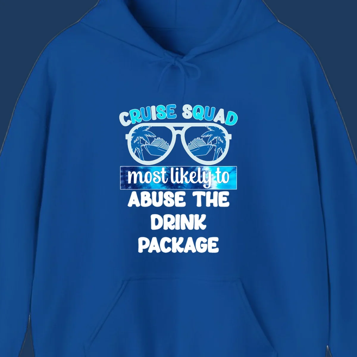 Cruise squad drink package design: oversized sunglasses with cruise ship and palm tree reflections, humorous text about abusing the drink package