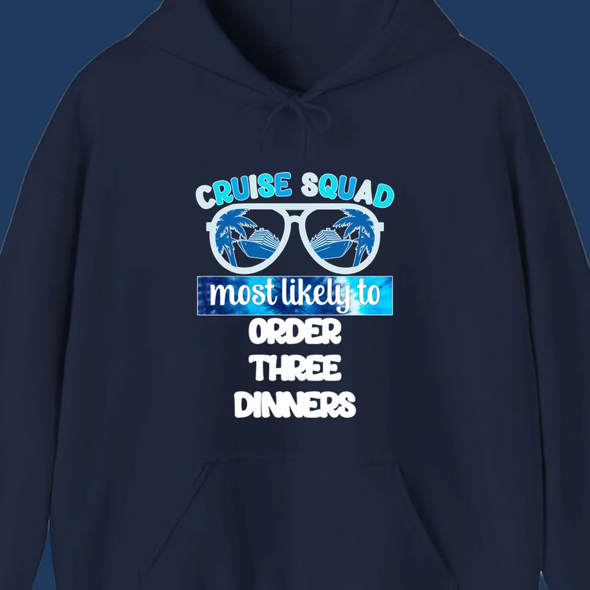 Sunglasses with cruise ship and palm tree reflections, text reads 'Cruise Squad most likely to order three dinners'
