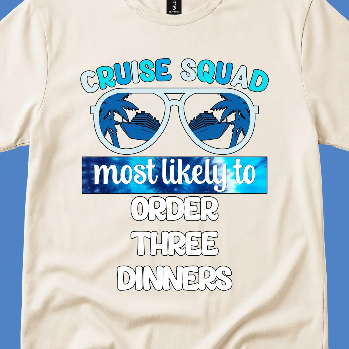 Sunglasses with cruise ship and palm tree reflections, text reads 'Cruise Squad most likely to order three dinners'