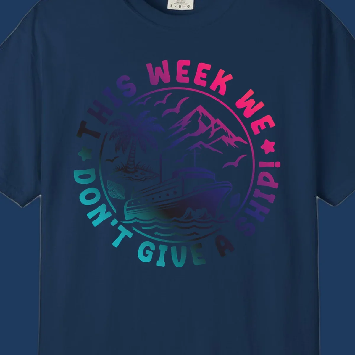 Circular badge design with cruise ship, palm tree, and mountains featuring 'This Week I'm On A Cruise Ship' text in gradient pink and purple lettering