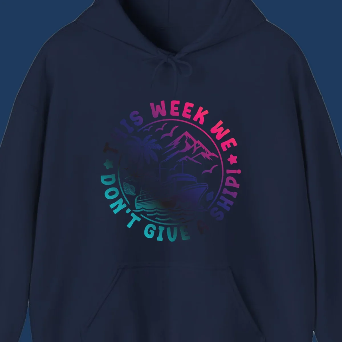 Circular badge design with cruise ship, palm tree, and mountains featuring 'This Week I'm On A Cruise Ship' text in gradient pink and purple lettering
