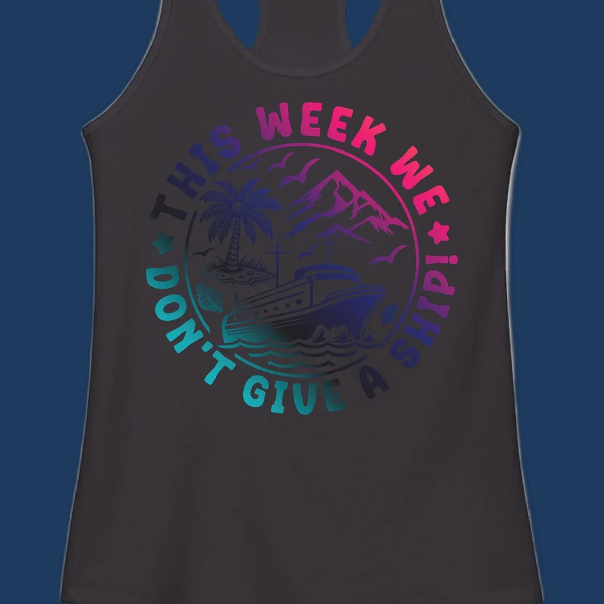 Circular badge design with cruise ship, palm tree, and mountains featuring 'This Week I'm On A Cruise Ship' text in gradient pink and purple lettering