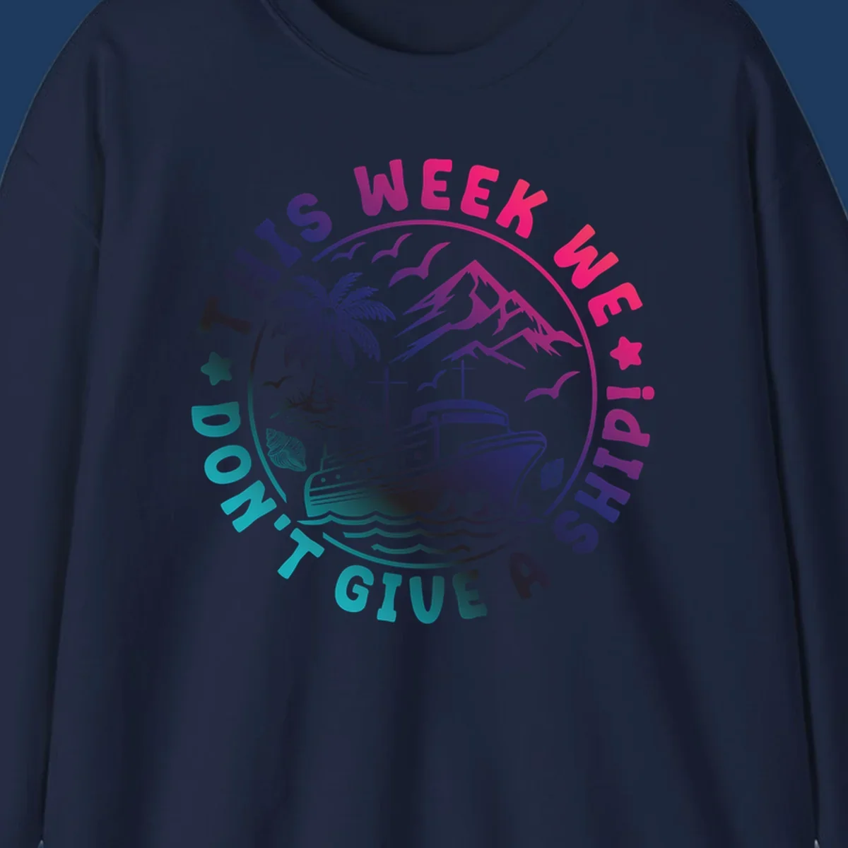 Circular badge design with cruise ship, palm tree, and mountains featuring 'This Week I'm On A Cruise Ship' text in gradient pink and purple lettering