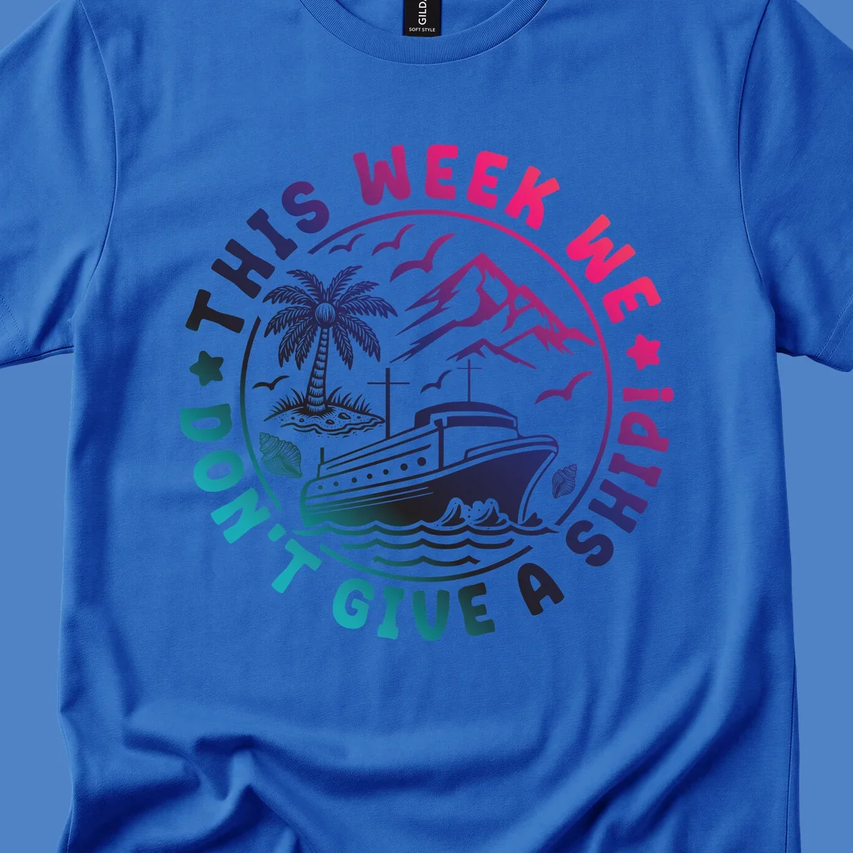 Circular badge design with cruise ship, palm tree, and mountains featuring 'This Week I'm On A Cruise Ship' text in gradient pink and purple lettering