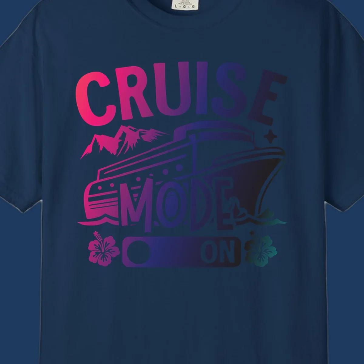 Colorful cruise mode on design featuring a stylized cruise ship with tropical hibiscus flowers, sparkles, and gradient text in pink, purple, and navy blue