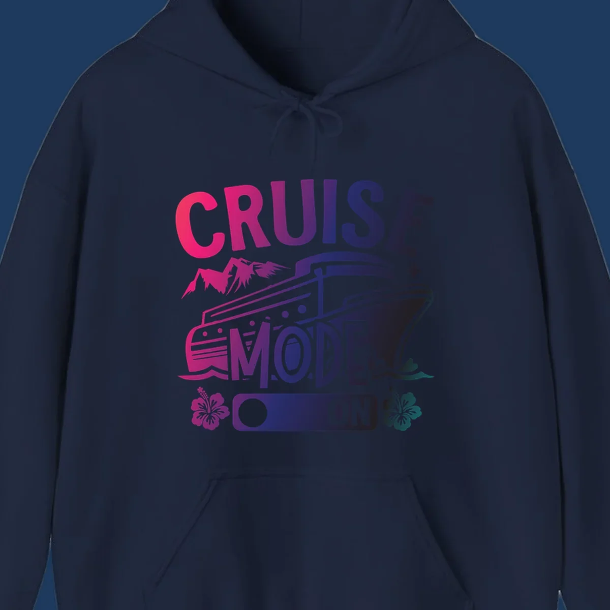 Colorful cruise mode on design featuring a stylized cruise ship with tropical hibiscus flowers, sparkles, and gradient text in pink, purple, and navy blue