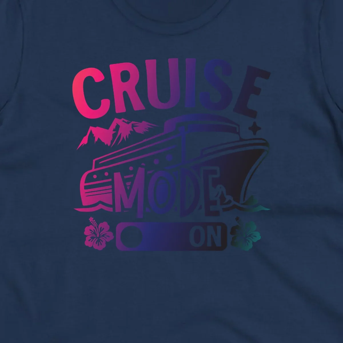 Colorful cruise mode on design featuring a stylized cruise ship with tropical hibiscus flowers, sparkles, and gradient text in pink, purple, and navy blue