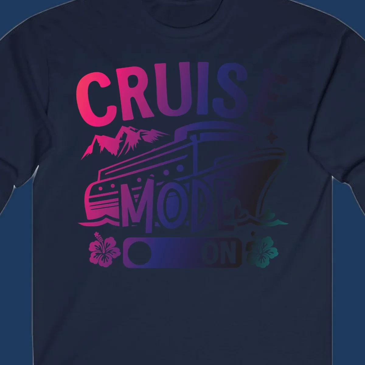 Colorful cruise mode on design featuring a stylized cruise ship with tropical hibiscus flowers, sparkles, and gradient text in pink, purple, and navy blue