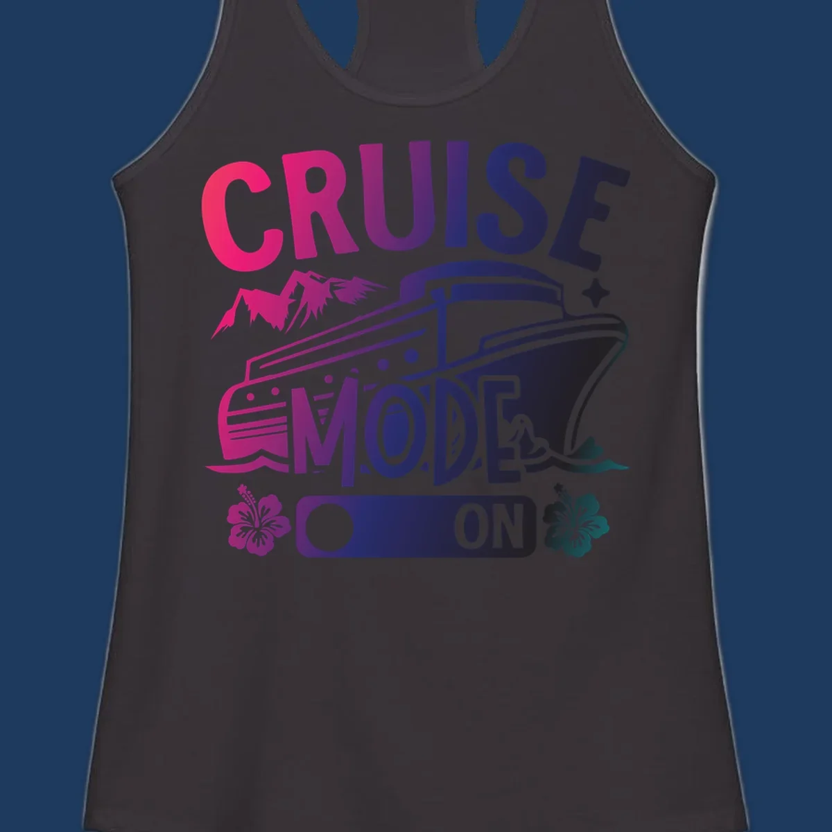 Colorful cruise mode on design featuring a stylized cruise ship with tropical hibiscus flowers, sparkles, and gradient text in pink, purple, and navy blue