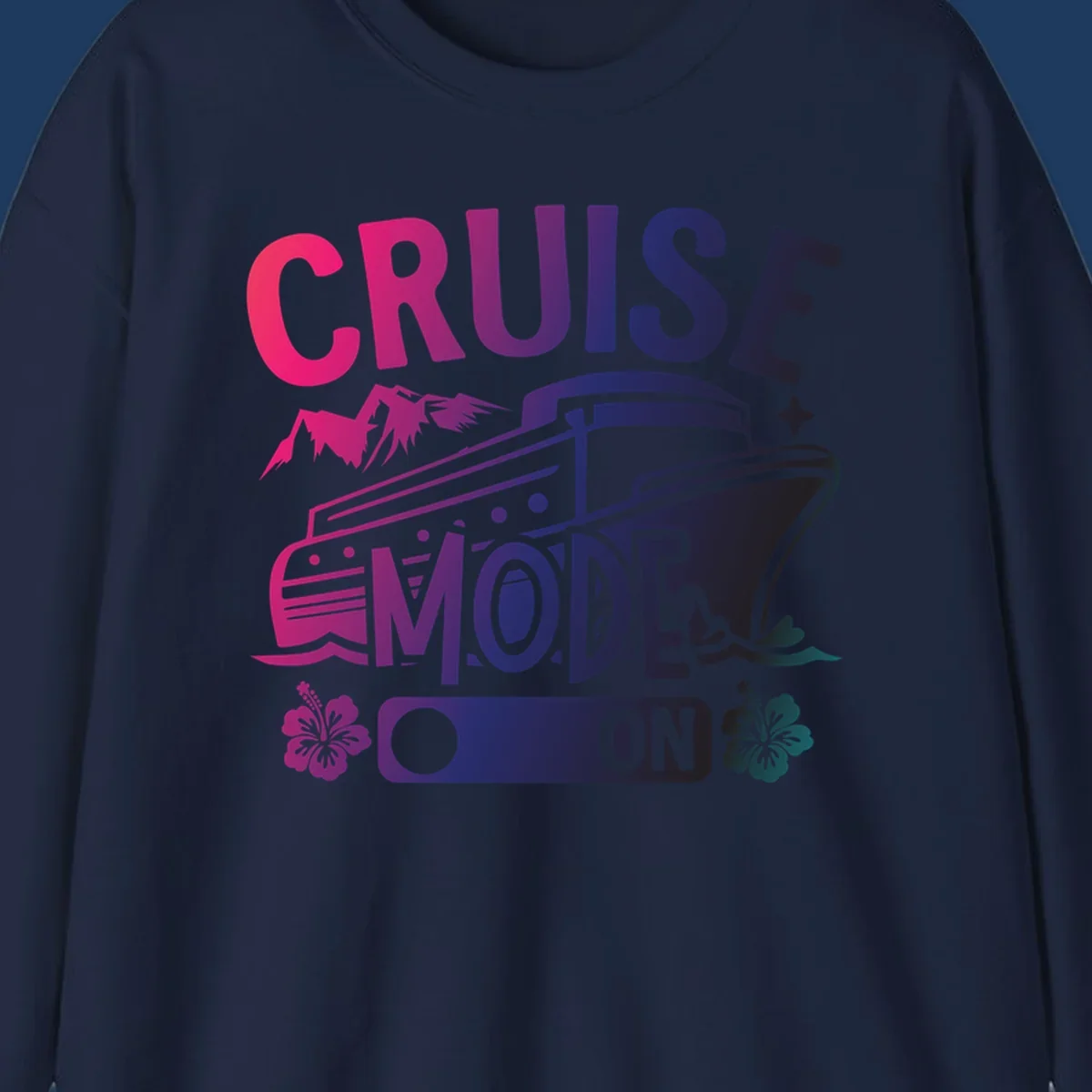 Colorful cruise mode on design featuring a stylized cruise ship with tropical hibiscus flowers, sparkles, and gradient text in pink, purple, and navy blue