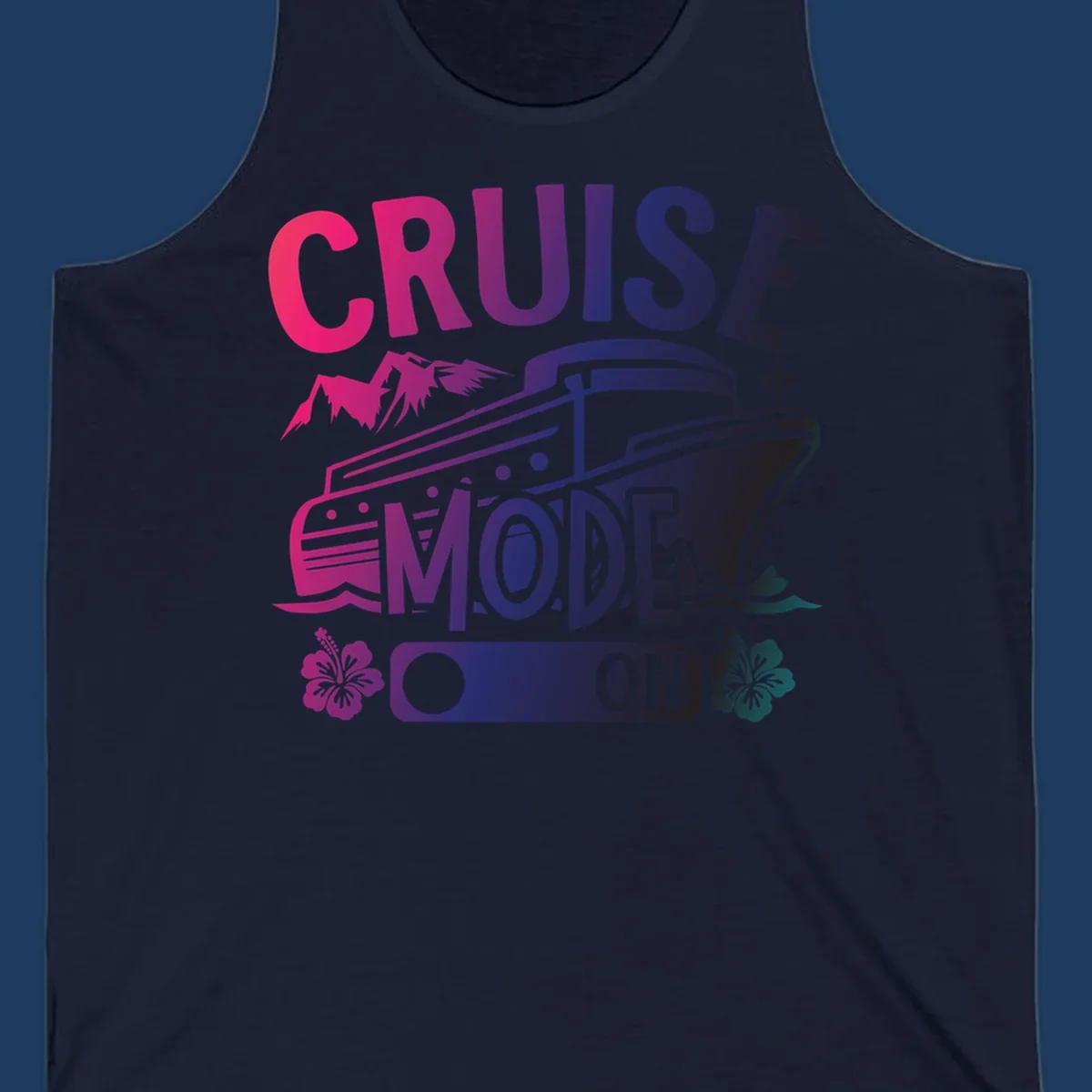 Colorful cruise mode on design featuring a stylized cruise ship with tropical hibiscus flowers, sparkles, and gradient text in pink, purple, and navy blue