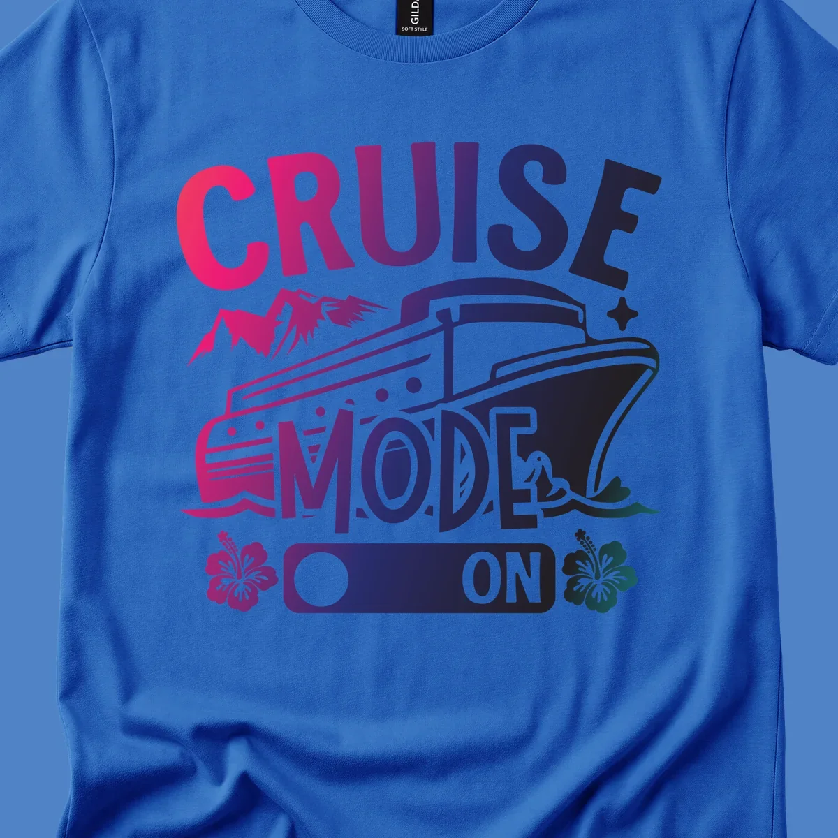 Colorful cruise mode on design featuring a stylized cruise ship with tropical hibiscus flowers, sparkles, and gradient text in pink, purple, and navy blue