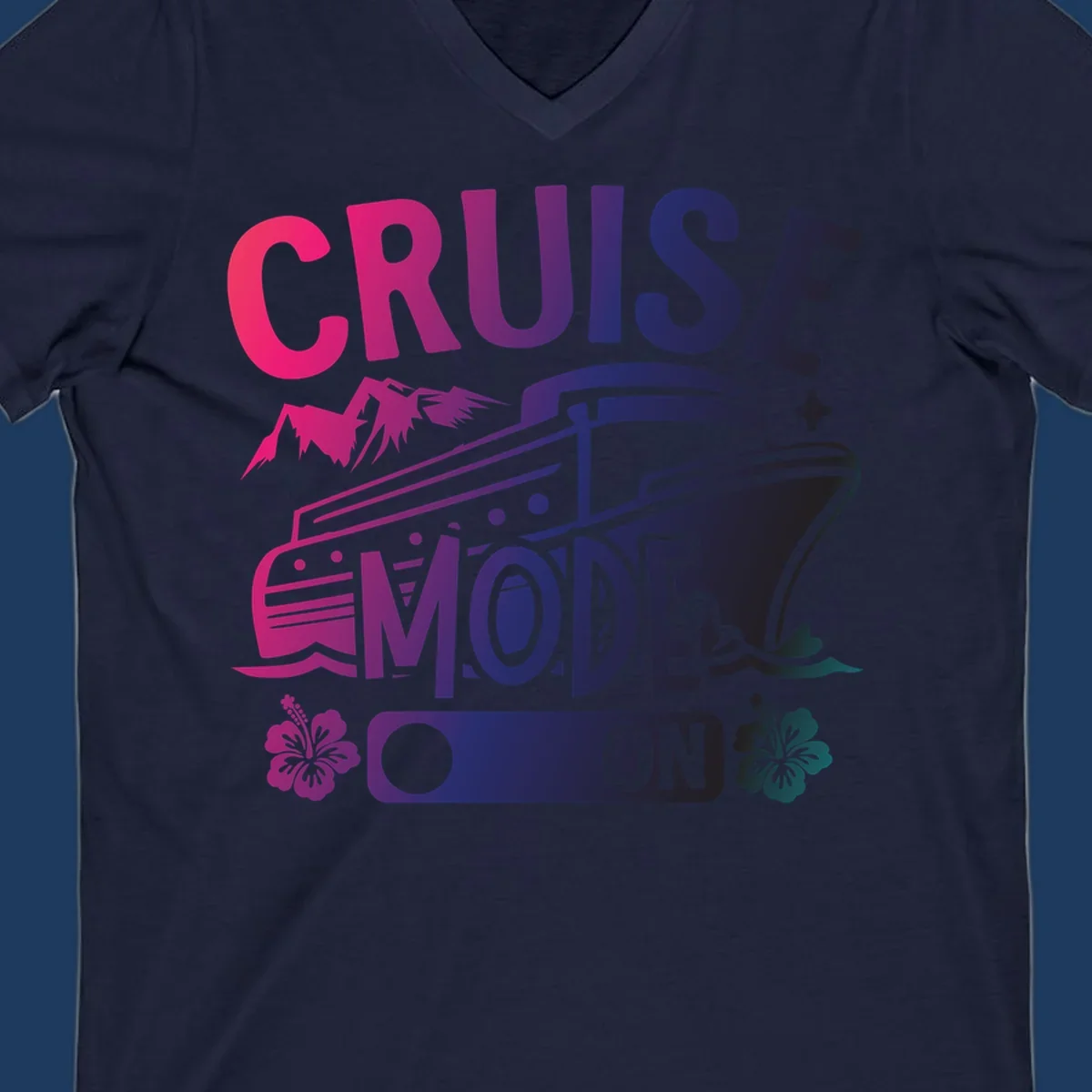 Colorful cruise mode on design featuring a stylized cruise ship with tropical hibiscus flowers, sparkles, and gradient text in pink, purple, and navy blue
