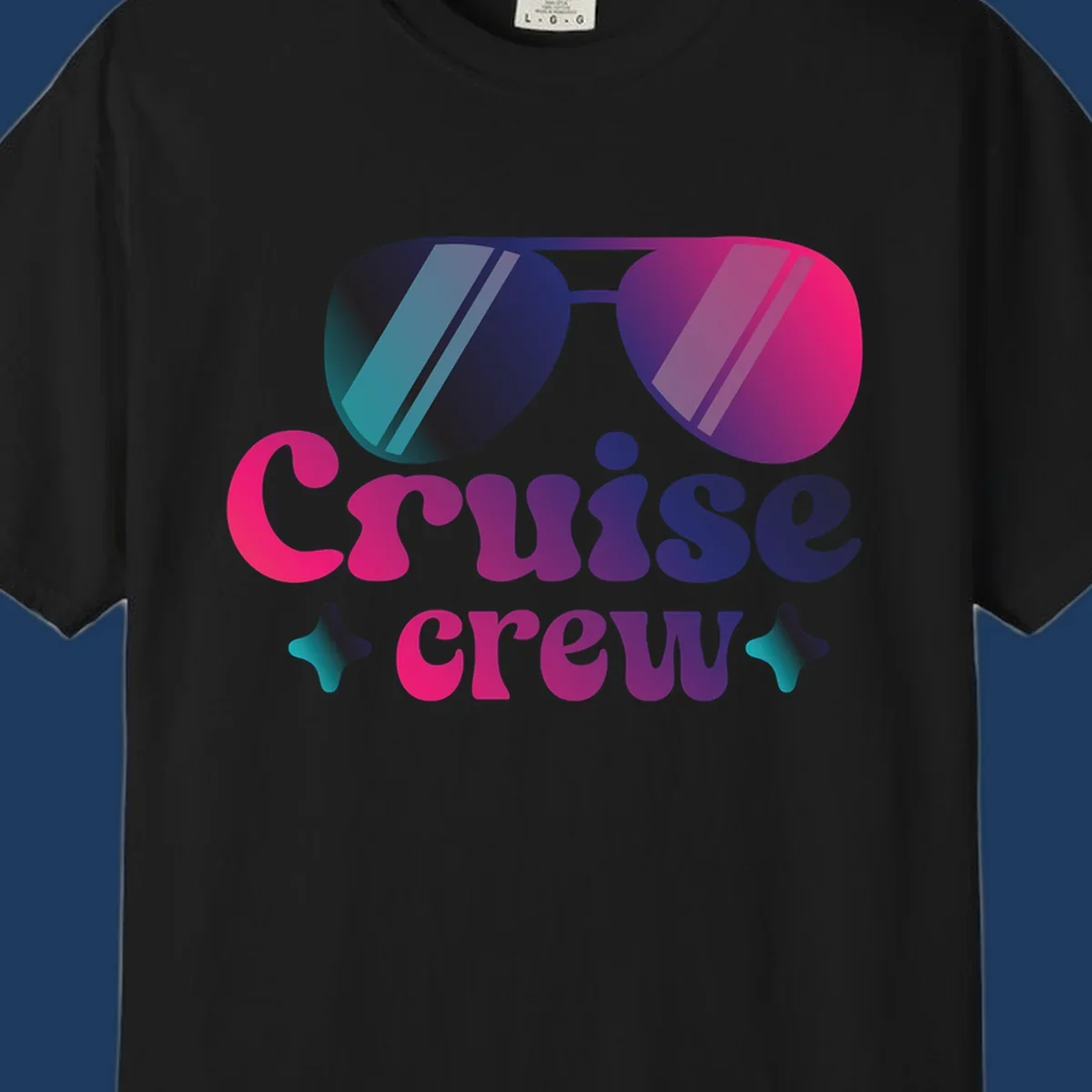 Cruise crew vibes design with gradient sunglasses, bold colorful lettering, and decorative stars in pink, purple, and navy tones