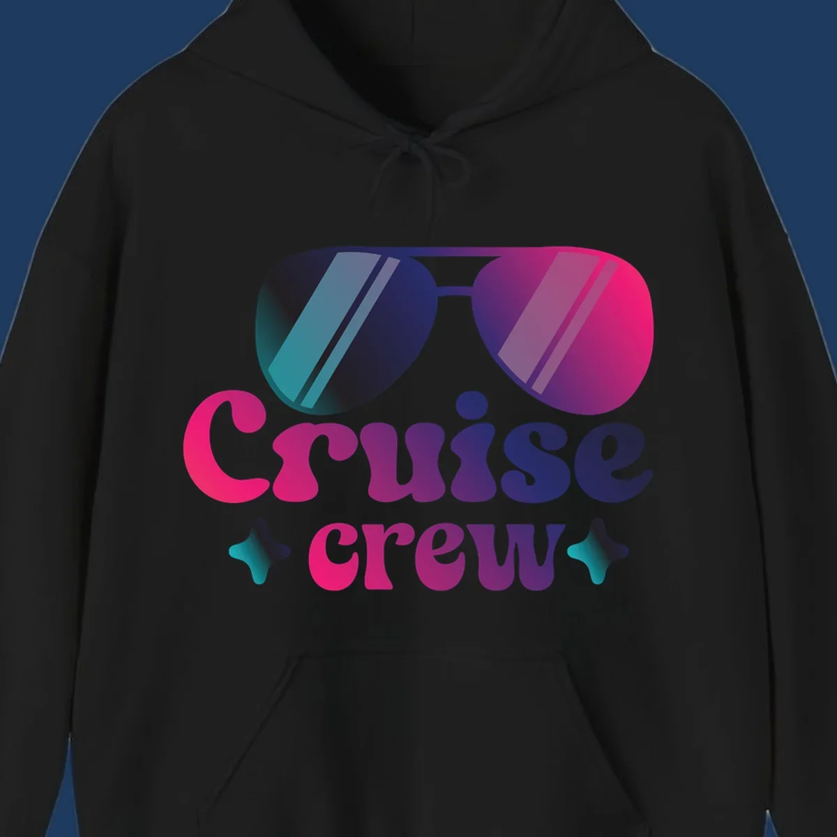 Cruise crew vibes design with gradient sunglasses, bold colorful lettering, and decorative stars in pink, purple, and navy tones