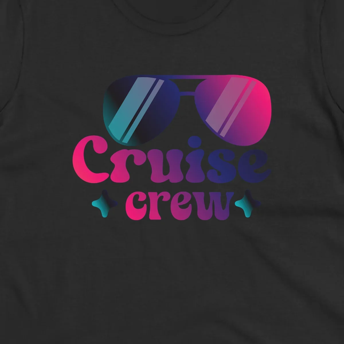 Cruise crew vibes design with gradient sunglasses, bold colorful lettering, and decorative stars in pink, purple, and navy tones