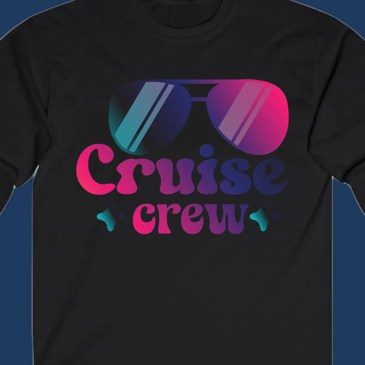 Cruise crew vibes design with gradient sunglasses, bold colorful lettering, and decorative stars in pink, purple, and navy tones