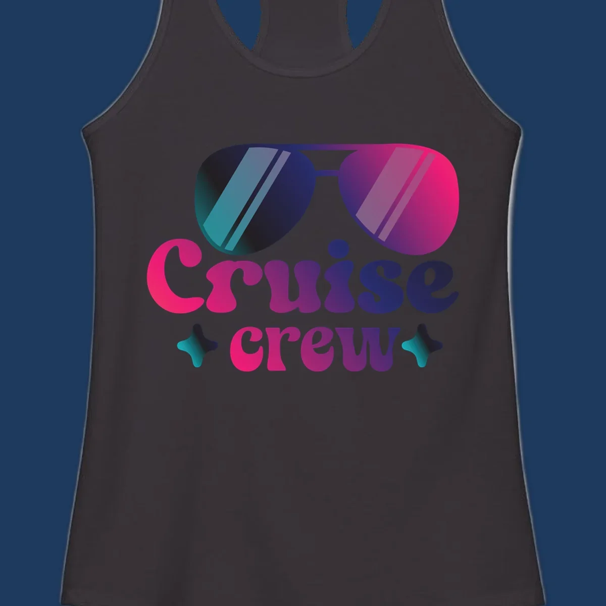 Cruise crew vibes design with gradient sunglasses, bold colorful lettering, and decorative stars in pink, purple, and navy tones