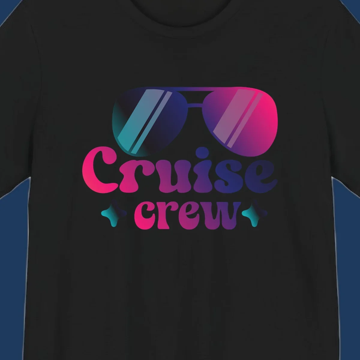 Cruise crew vibes design with gradient sunglasses, bold colorful lettering, and decorative stars in pink, purple, and navy tones