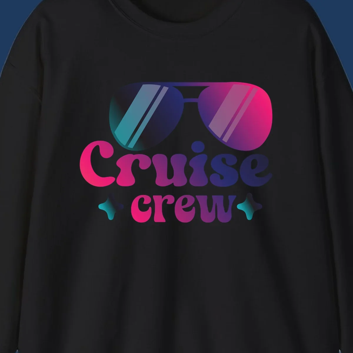Cruise crew vibes design with gradient sunglasses, bold colorful lettering, and decorative stars in pink, purple, and navy tones