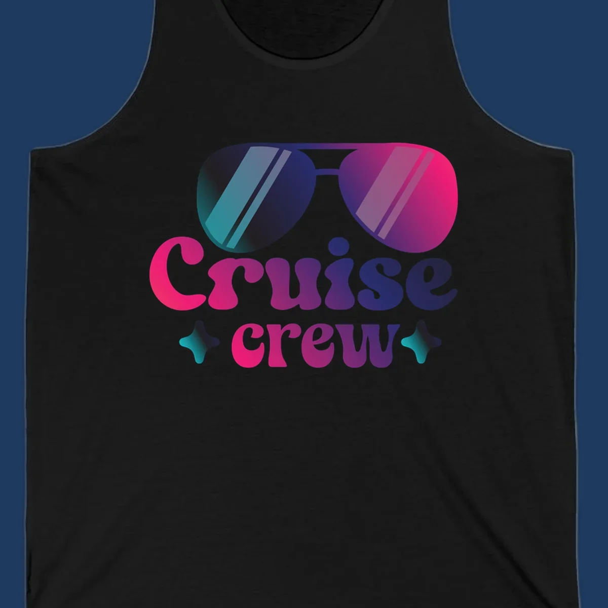 Cruise crew vibes design with gradient sunglasses, bold colorful lettering, and decorative stars in pink, purple, and navy tones