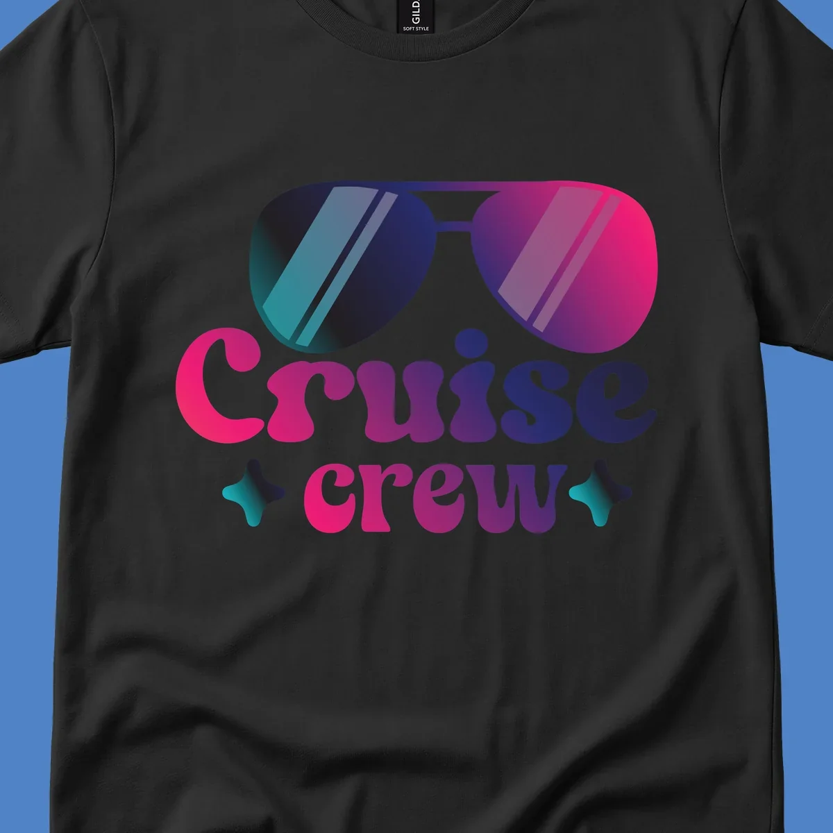 Cruise crew vibes design with gradient sunglasses, bold colorful lettering, and decorative stars in pink, purple, and navy tones
