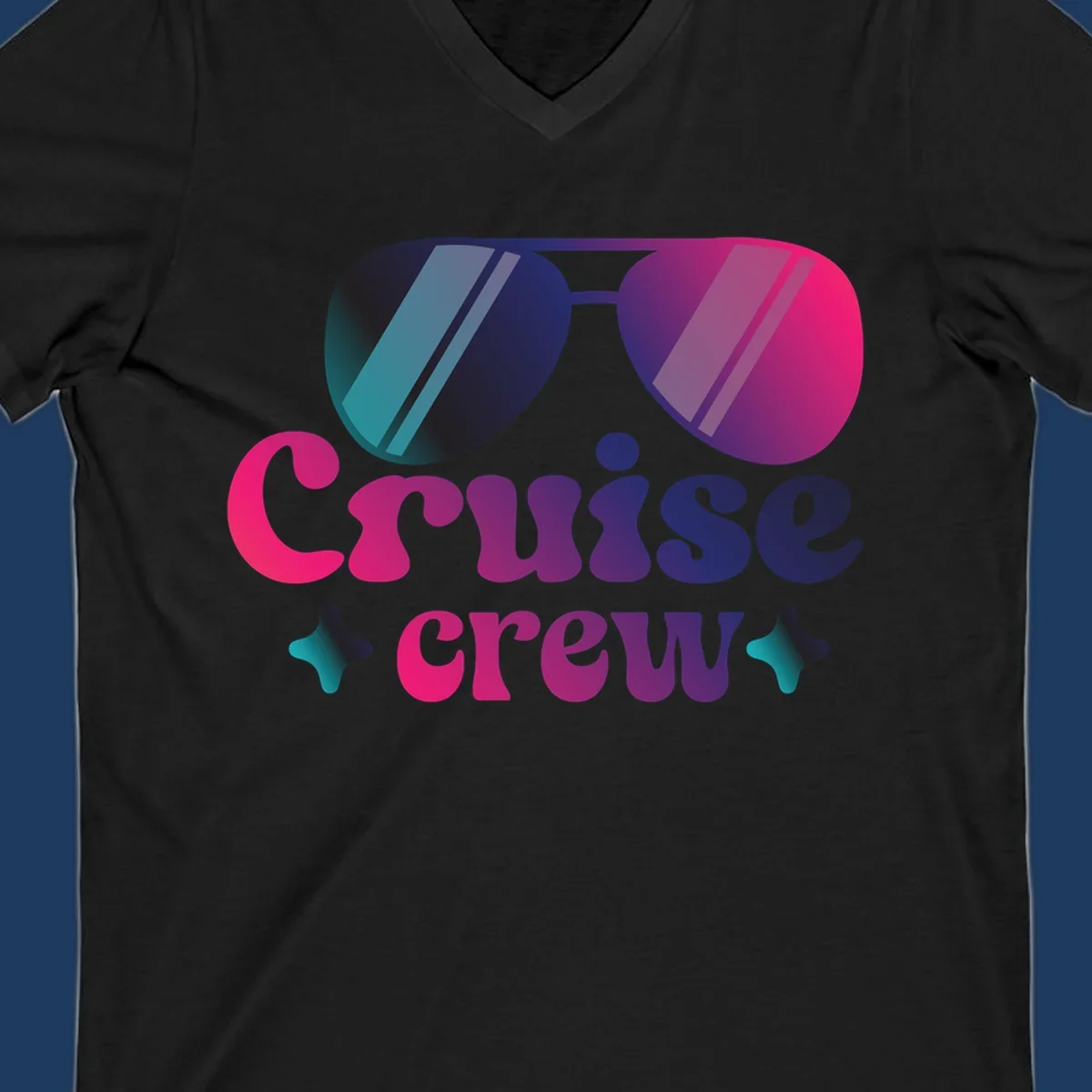 Cruise crew vibes design with gradient sunglasses, bold colorful lettering, and decorative stars in pink, purple, and navy tones