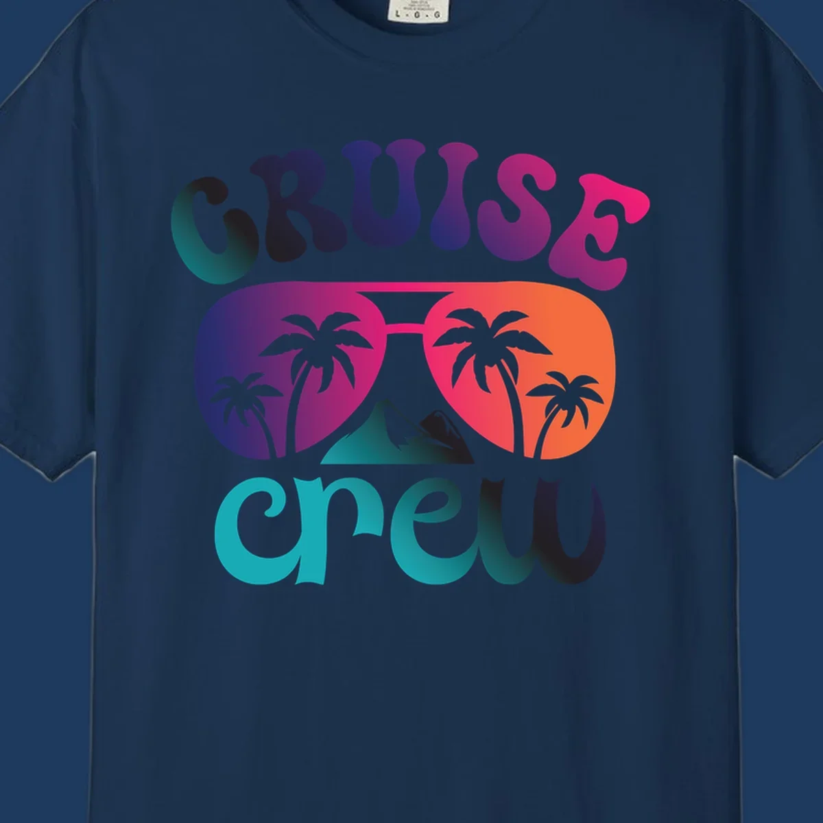 Cruise crew tropical design with colorful gradient lettering, palm trees, and mountain peak artwork