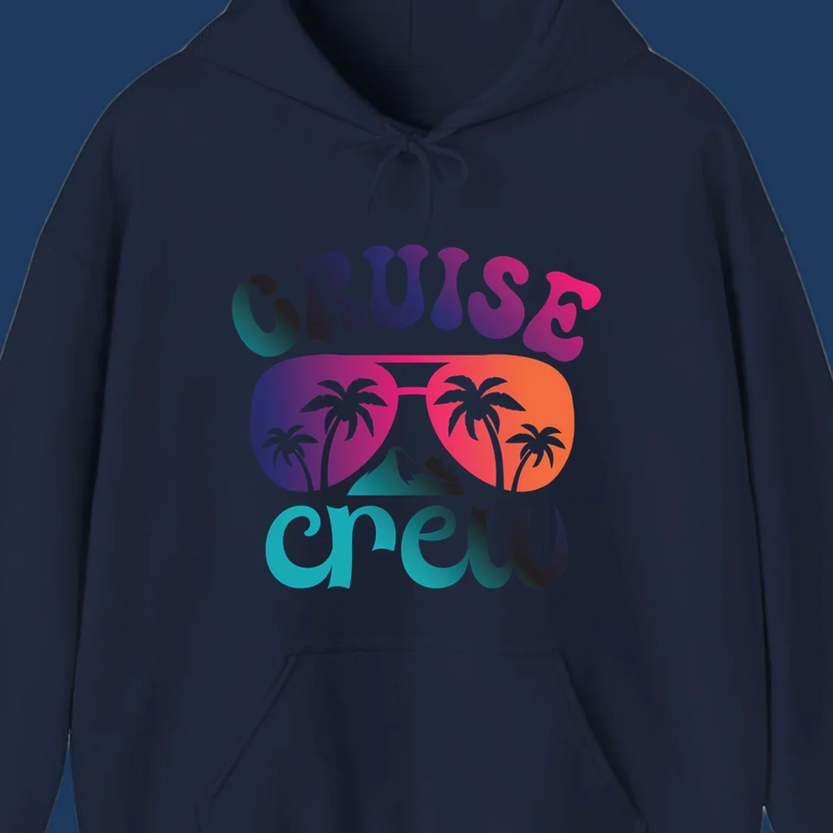 Cruise crew tropical design with colorful gradient lettering, palm trees, and mountain peak artwork