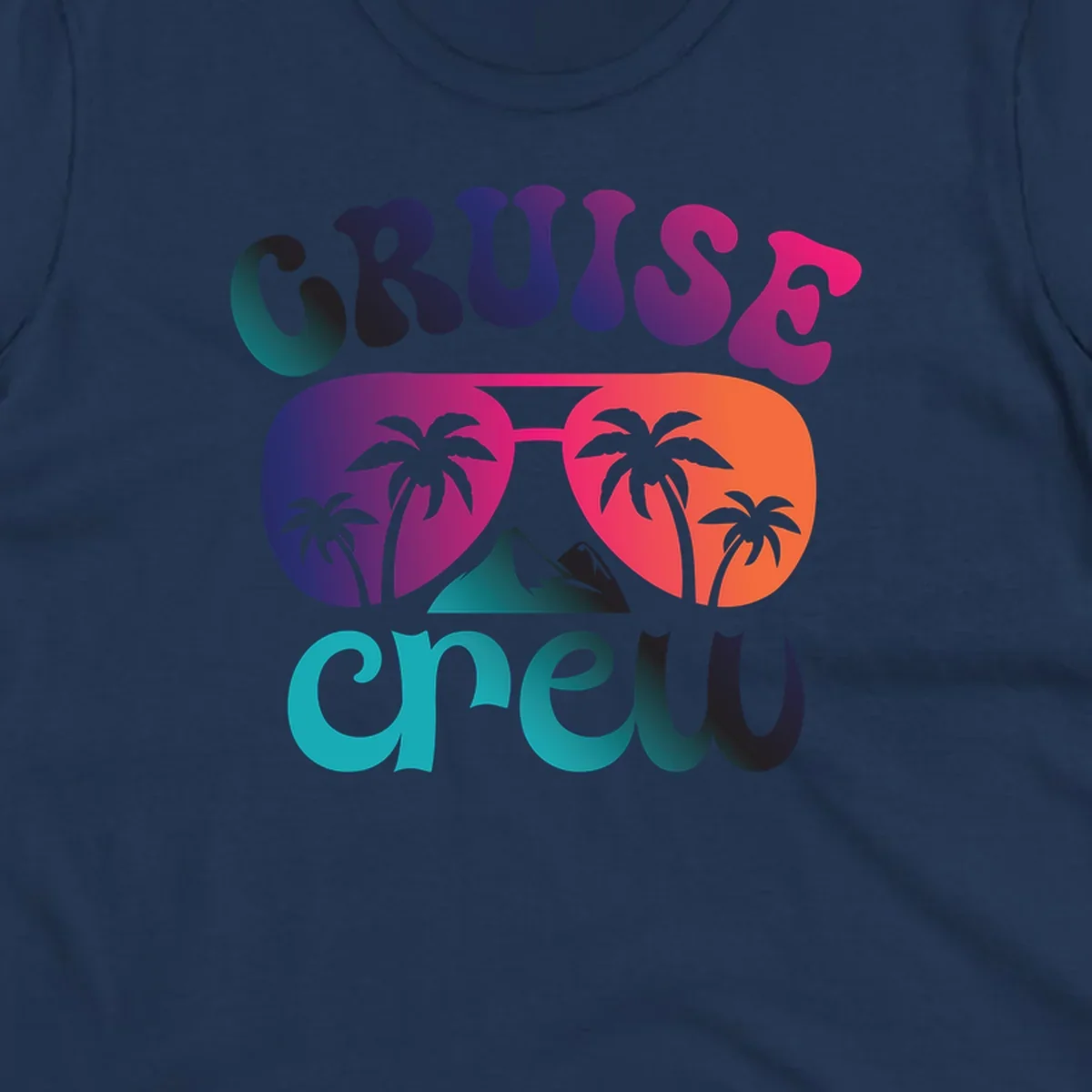 Cruise crew tropical design with colorful gradient lettering, palm trees, and mountain peak artwork