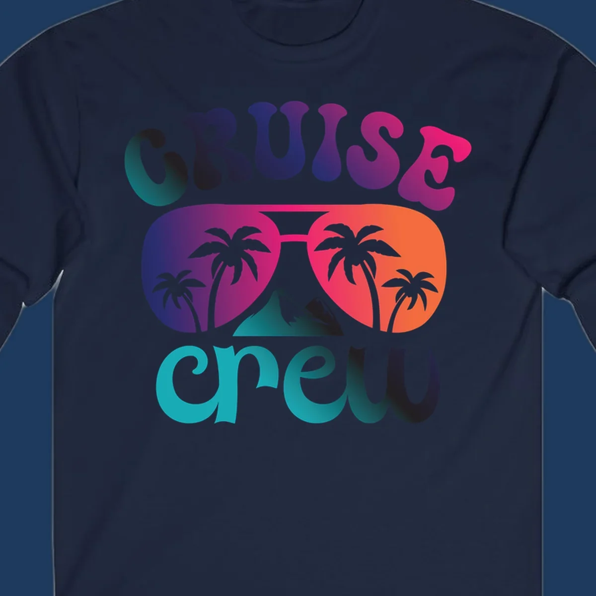Cruise crew tropical design with colorful gradient lettering, palm trees, and mountain peak artwork