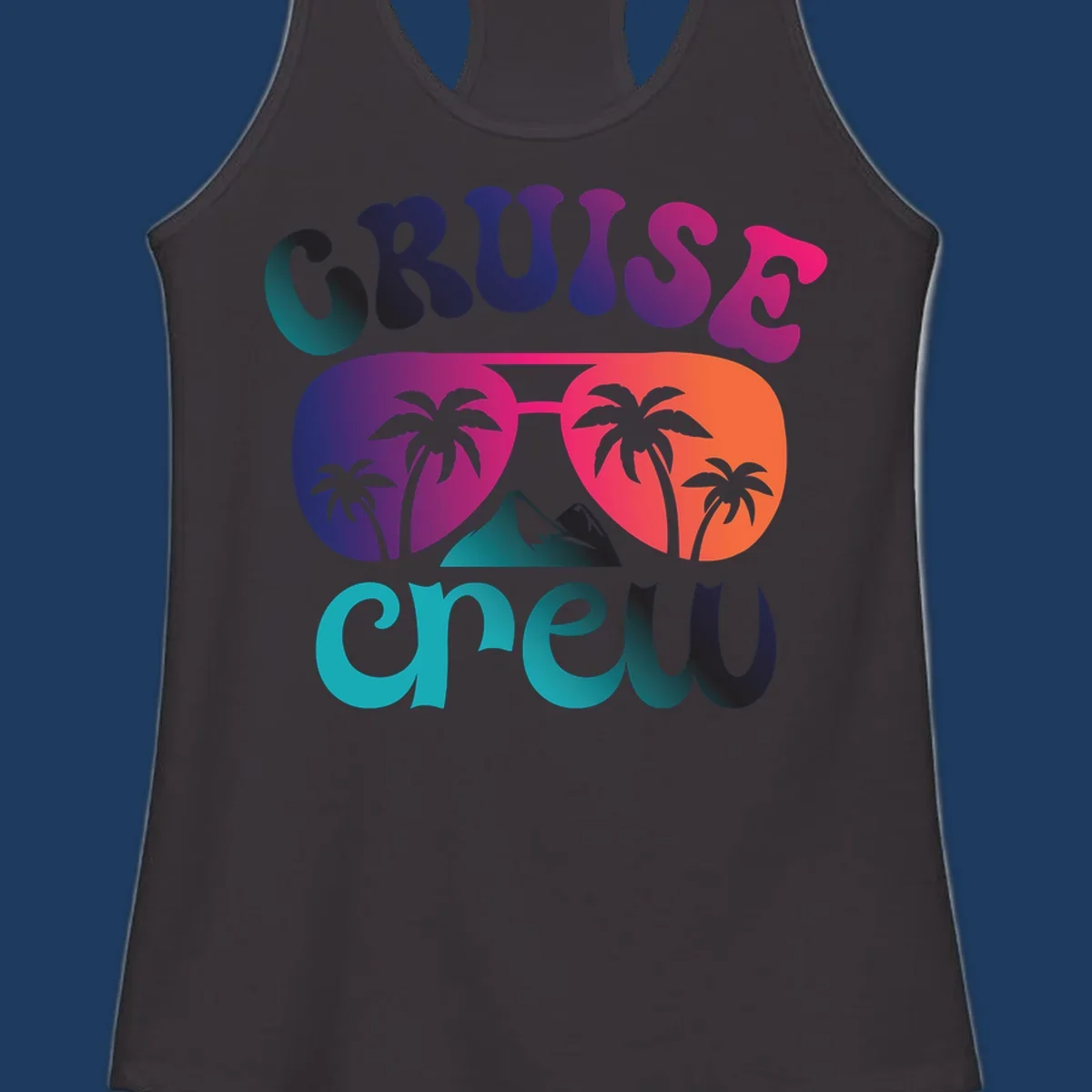 Cruise crew tropical design with colorful gradient lettering, palm trees, and mountain peak artwork