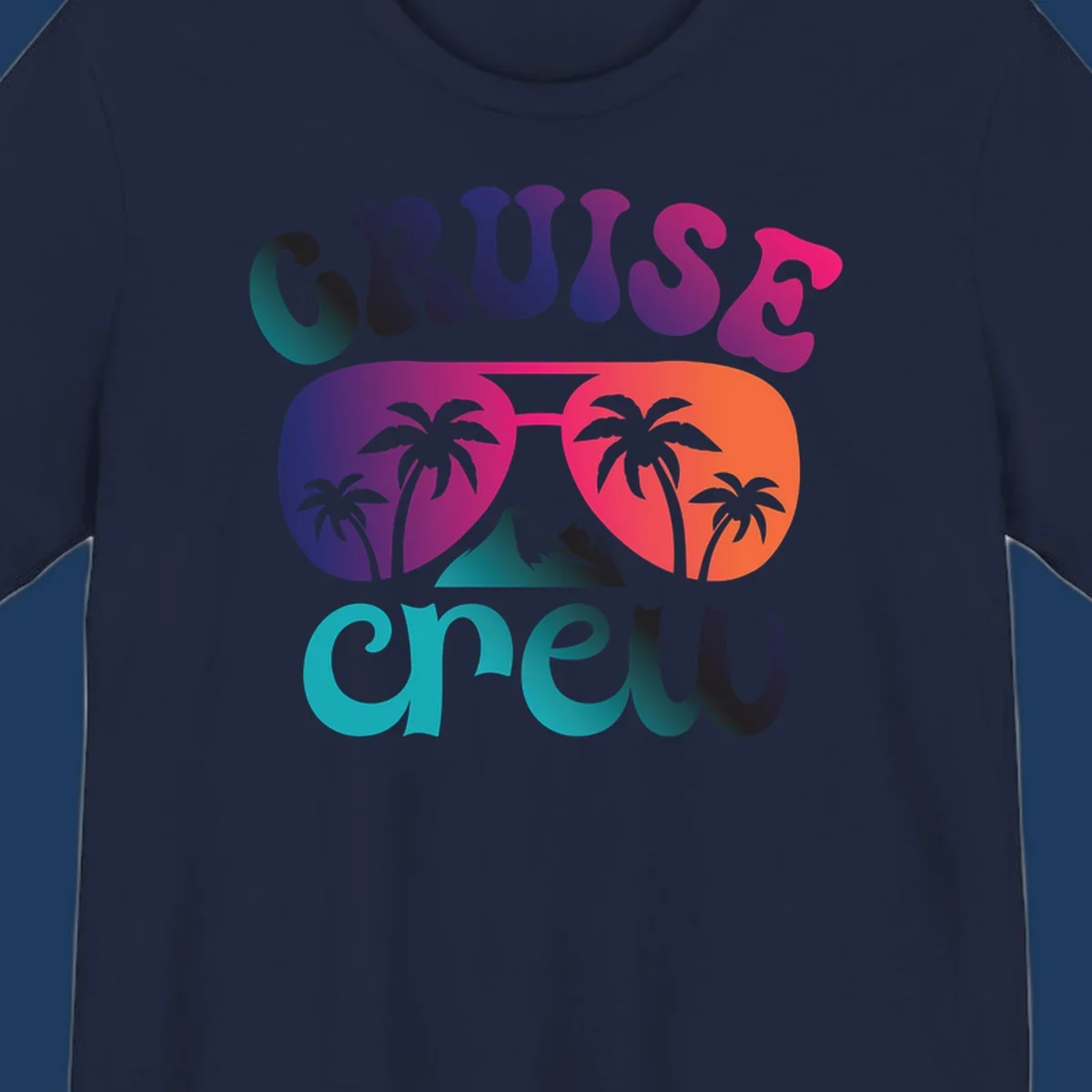 Cruise crew tropical design with colorful gradient lettering, palm trees, and mountain peak artwork