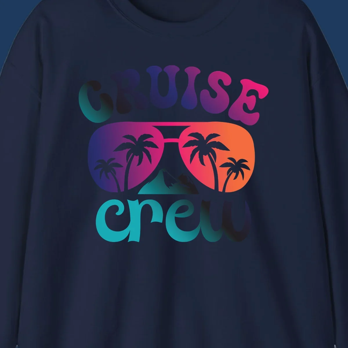 Cruise crew tropical design with colorful gradient lettering, palm trees, and mountain peak artwork