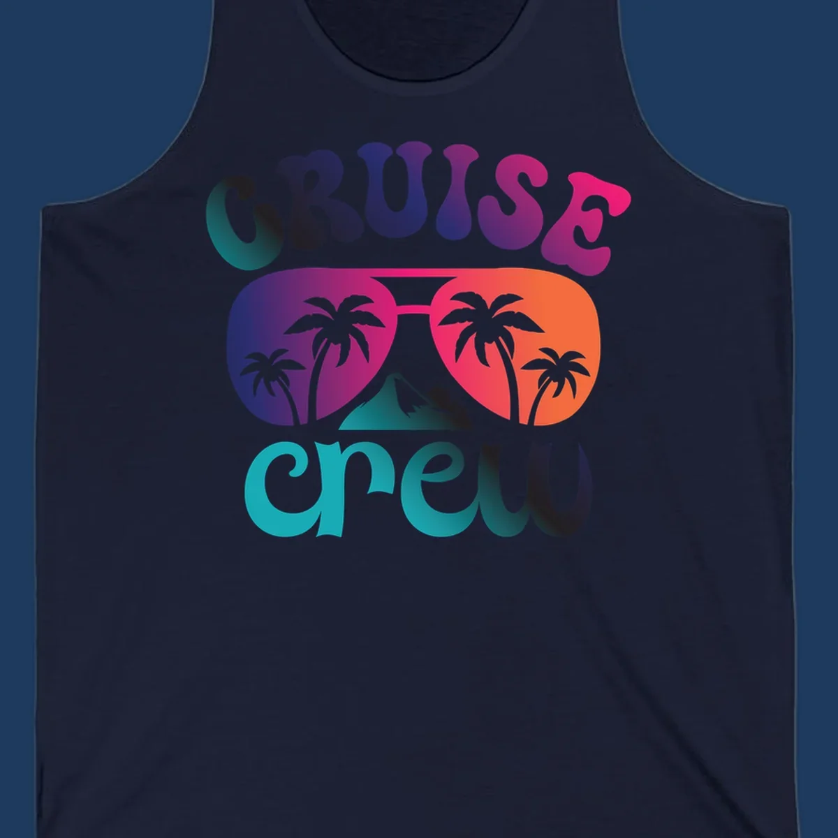 Cruise crew tropical design with colorful gradient lettering, palm trees, and mountain peak artwork