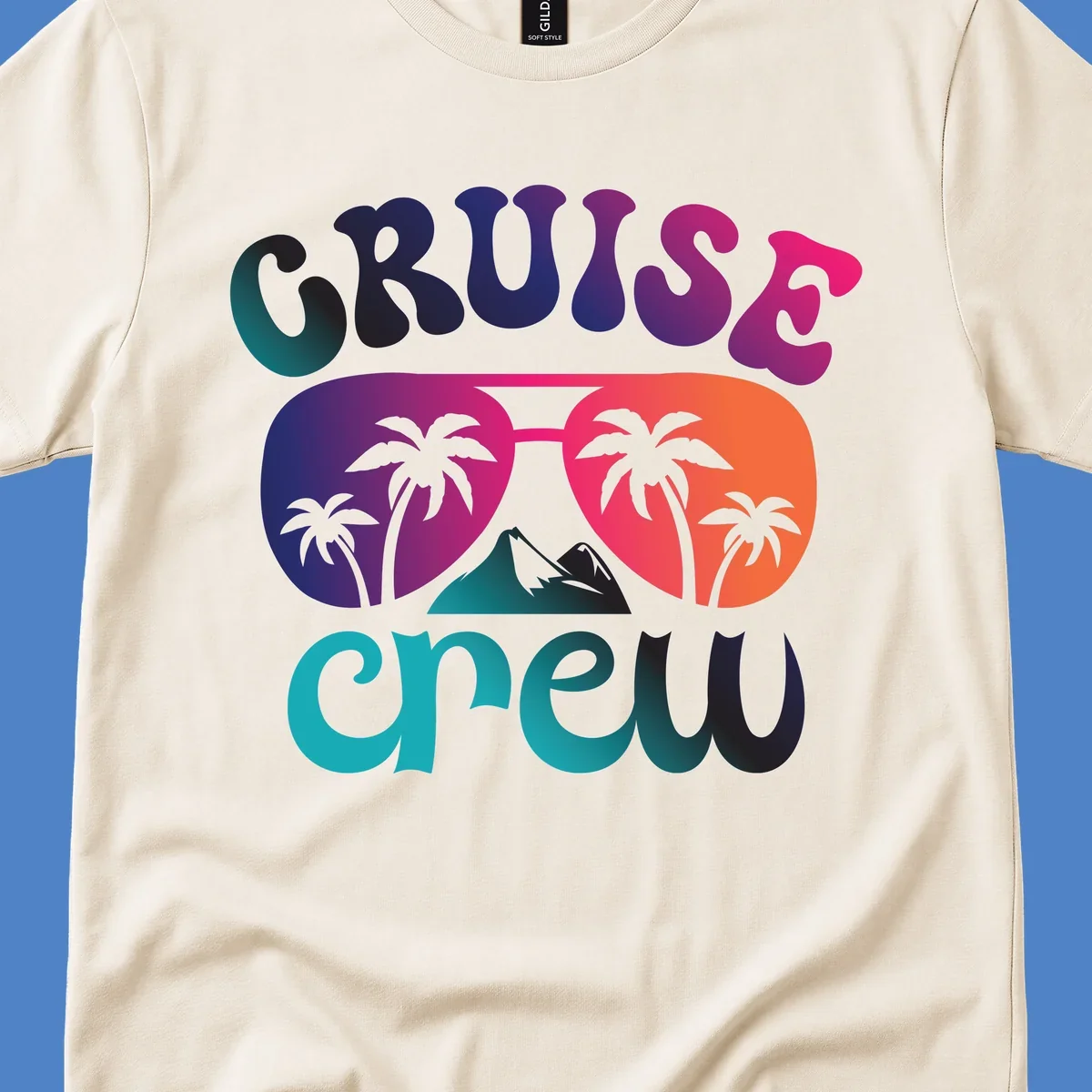Cruise crew tropical design with colorful gradient lettering, palm trees, and mountain peak artwork