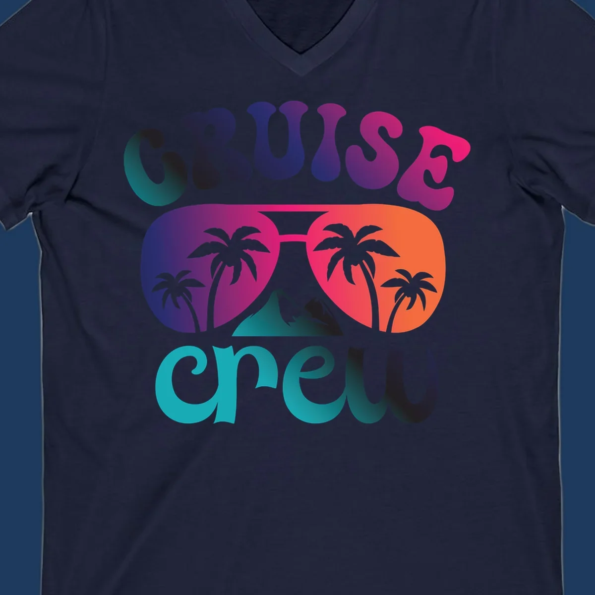 Cruise crew tropical design with colorful gradient lettering, palm trees, and mountain peak artwork