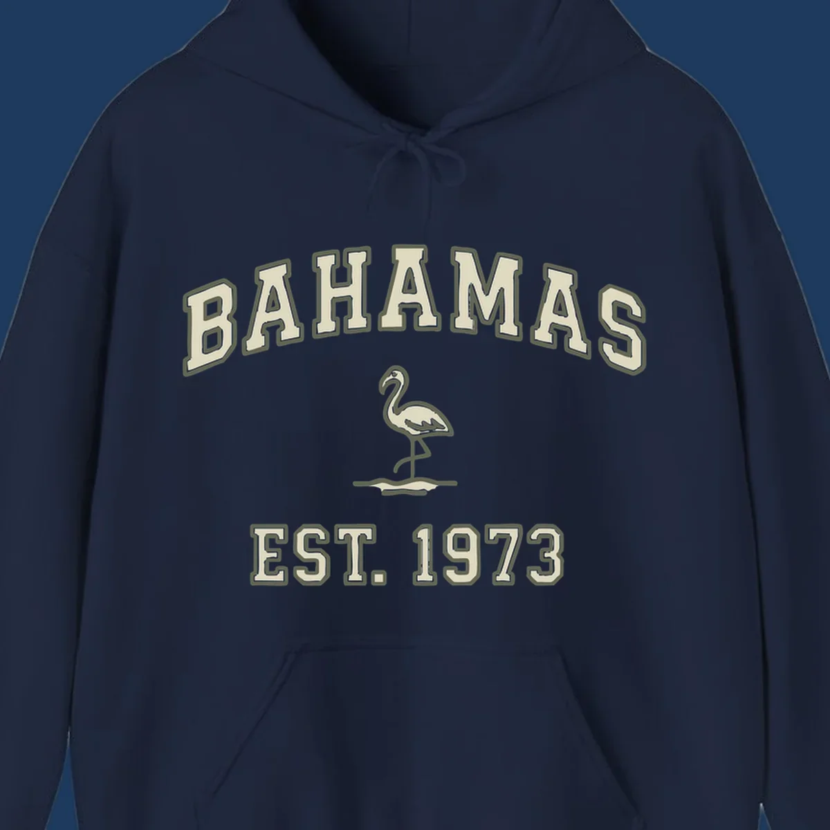 Vintage bahamas flamingo design with cream lettering and olive green outline, established 1973 theme