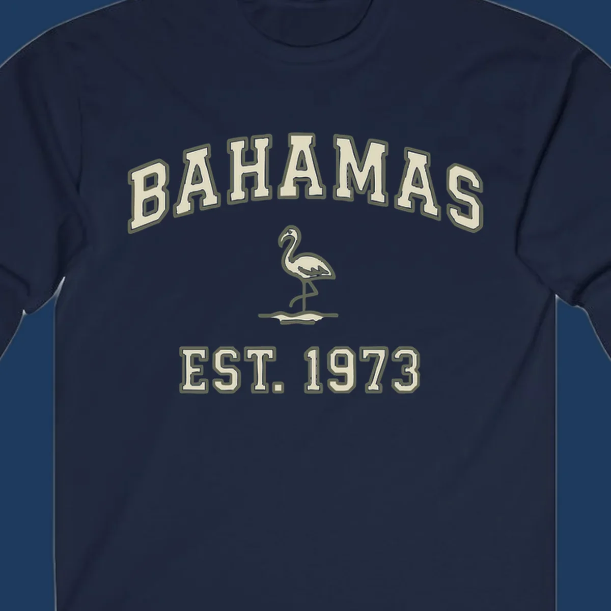 Vintage bahamas flamingo design with cream lettering and olive green outline, established 1973 theme