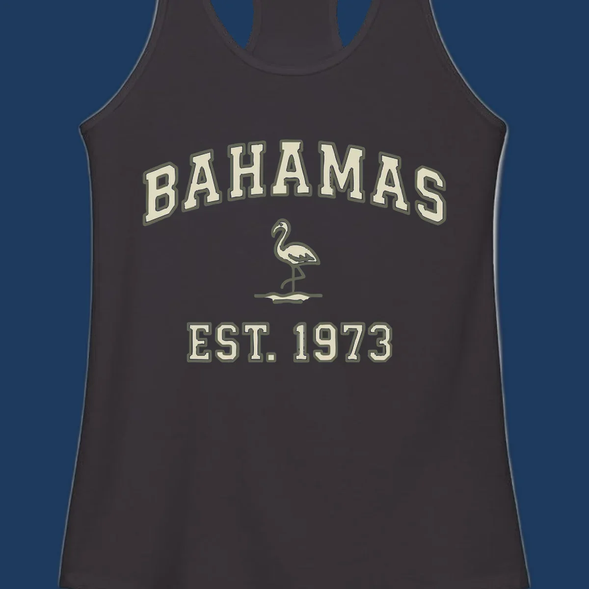 Vintage bahamas flamingo design with cream lettering and olive green outline, established 1973 theme
