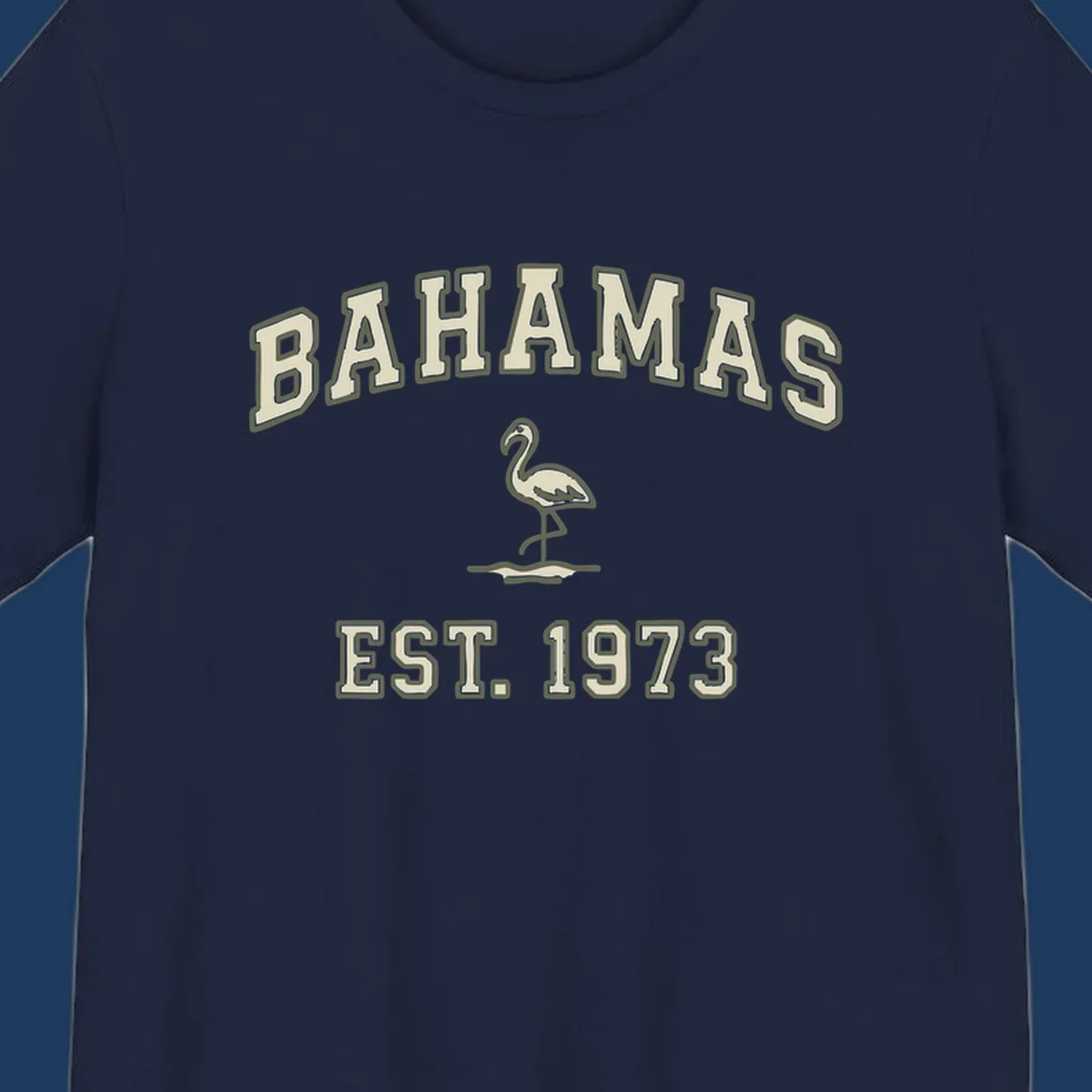 Vintage bahamas flamingo design with cream lettering and olive green outline, established 1973 theme