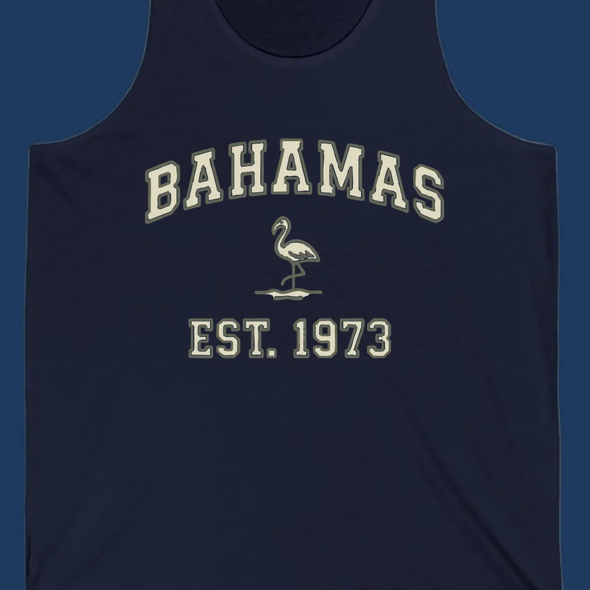 Vintage bahamas flamingo design with cream lettering and olive green outline, established 1973 theme