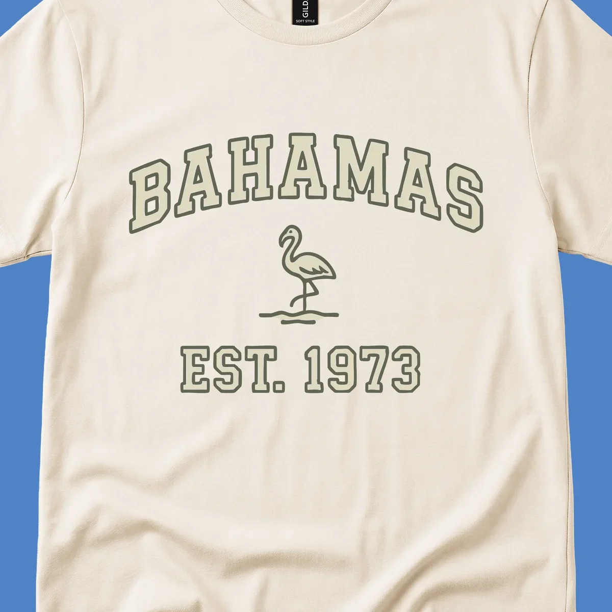 Vintage bahamas flamingo design with cream lettering and olive green outline, established 1973 theme