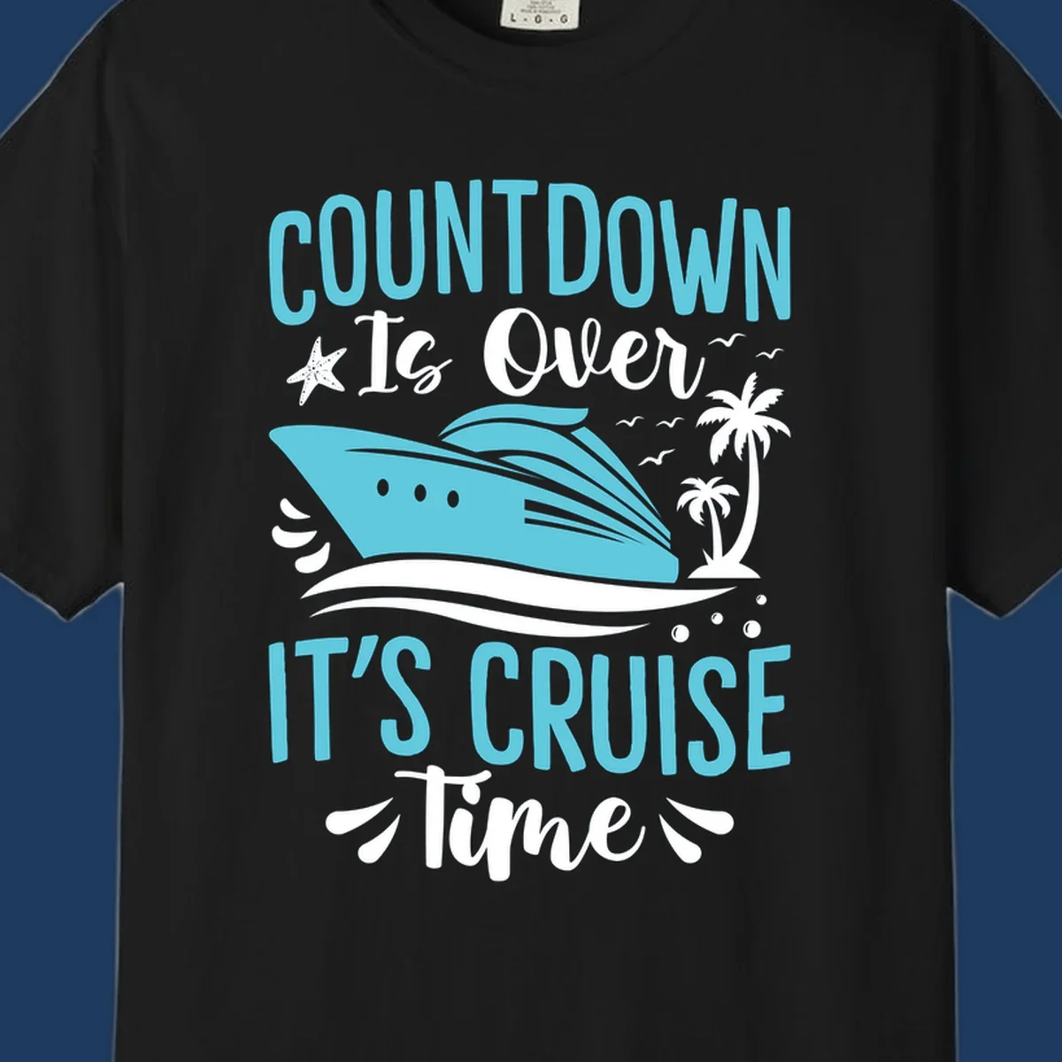 Countdown is over it's cruise time design with turquoise cruise ship, palm trees, seagulls, and tropical elements on gray background