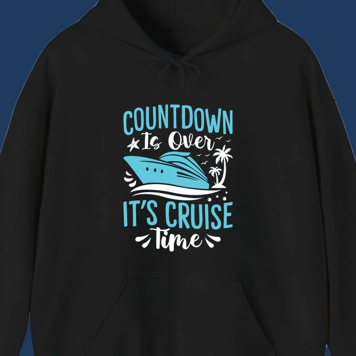 Countdown is over it's cruise time design with turquoise cruise ship, palm trees, seagulls, and tropical elements on gray background